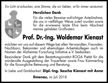 Traueranzeige von Woldemar Kienast von Südthüringer Presse