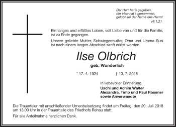 Traueranzeige von Ilse Olbrich von Frankenpost