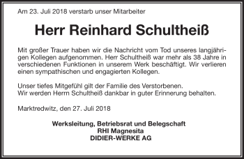 Traueranzeige von Reinhard Schultheiß von Frankenpost