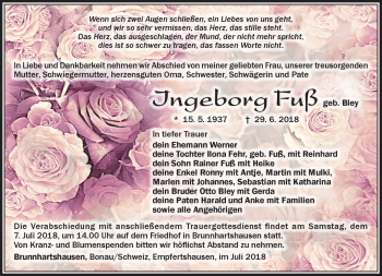 Traueranzeige von Ingeborg Fuß von Südthüringer Presse