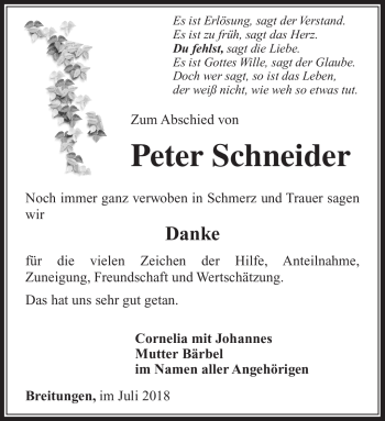 Traueranzeige von Peter Schneider von Südthüringer Presse