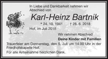 Traueranzeige von Karl-Heinz Bartnik von Frankenpost