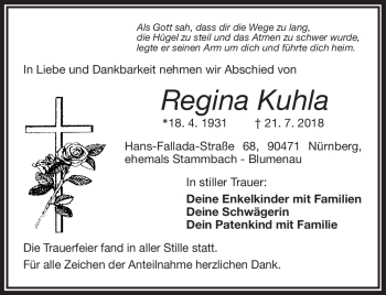 Traueranzeige von Regina Kuhla von Frankenpost