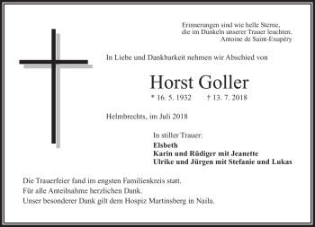 Traueranzeige von Horst Goller von Frankenpost