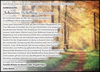 Traueranzeige von Johanna Schilling von Südthüringer Presse