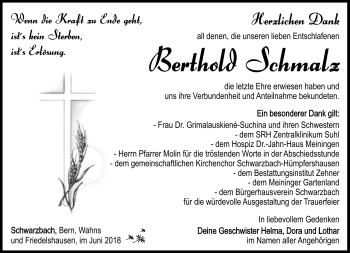 Traueranzeige von Berthold Schmalz von Südthüringer Presse
