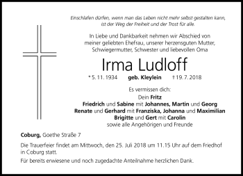 Traueranzeige von Irma Ludloff von Neue Presse Coburg