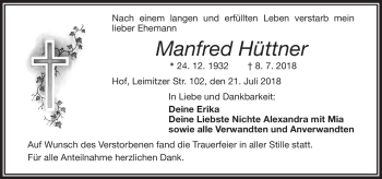 Traueranzeige von Manfred Hüttner von Frankenpost