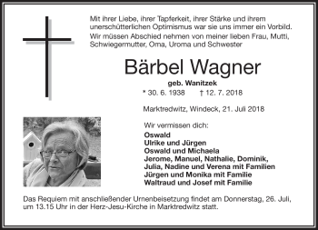 Traueranzeige von Bärbel Wagner von Frankenpost