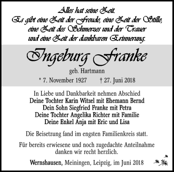 Traueranzeige von Ingeburg Franke von Südthüringer Presse