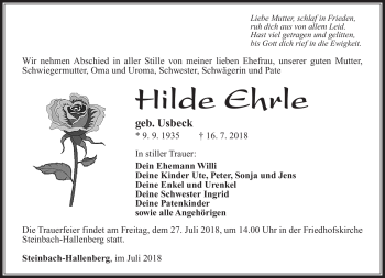 Traueranzeige von Hilde Ehrle von Südthüringer Presse