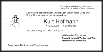 Traueranzeige von Kurt Hofmann von Frankenpost