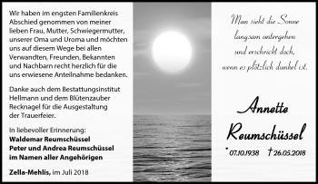 Traueranzeige von Annette Reumschüssel von Südthüringer Presse