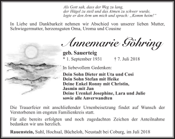 Traueranzeige von Annemarie Görhing von Südthüringer Presse