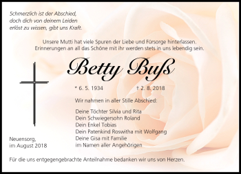 Traueranzeige von Betty Buß von Frankenpost