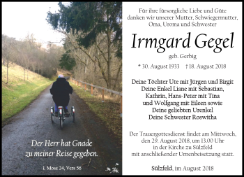 Traueranzeige von Irmgard Gegel von Südthüringer Presse
