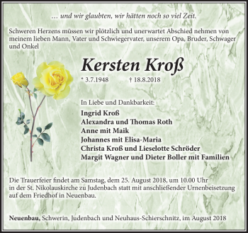 Traueranzeige von Kersten Kroß von Südthüringer Presse