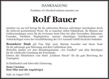 Traueranzeige von Rolf Bauer von Südthüringer Presse