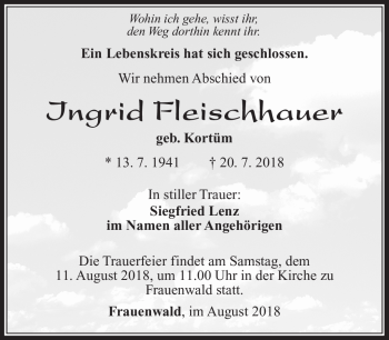 Traueranzeige von Ingrid Fleischhauer von Südthüringer Presse