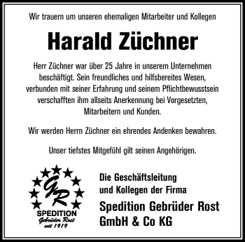 Traueranzeige von Harald Züchner von Südthüringer Presse