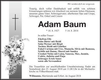 Traueranzeige von Adam Baum von Südthüringer Presse