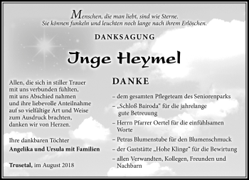 Traueranzeige von Inge Heymel von Südthüringer Presse