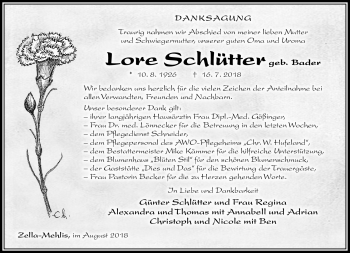 Traueranzeige von Lore Schlütter von Südthüringer Presse