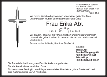 Traueranzeige von Erika Abt von Frankenpost