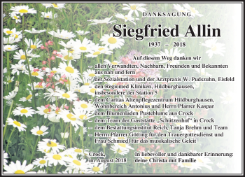 Traueranzeige von Siegfried Allin von Südthüringer Presse