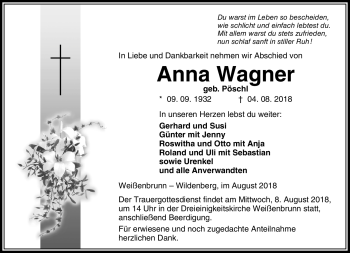 Traueranzeige von Anna Wagner von Neue Presse Coburg