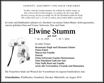 Traueranzeige von Elwine Stumm von Südthüringer Presse