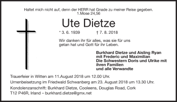 Traueranzeige von Ute Dietze von Neue Presse Coburg