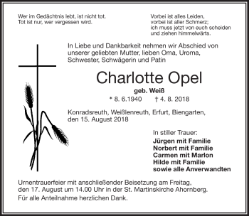Traueranzeige von Charlotte Opel von Frankenpost