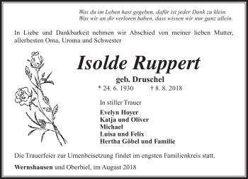 Traueranzeige von Isolde Ruppert von Südthüringer Presse