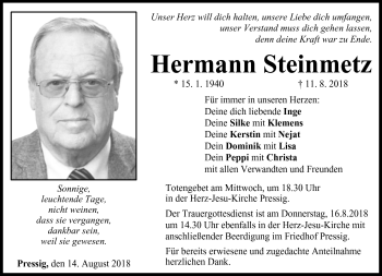 Traueranzeige von Hermann Steinmetz von Neue Presse Coburg