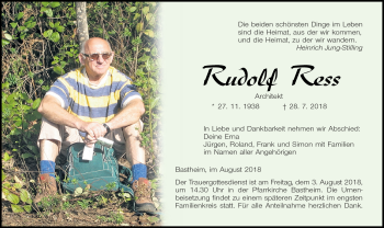 Traueranzeige von Rudolf Ress von Südthüringer Presse