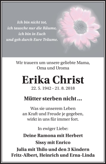 Traueranzeige von Erika Christ von Südthüringer Presse