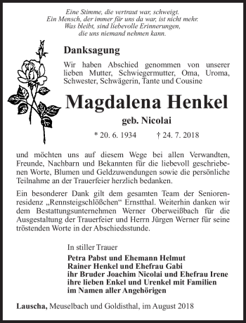 Traueranzeige von Magdalena Henkel von Südthüringer Presse