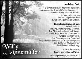Traueranzeige von Willy Annemüller von Südthüringer Presse