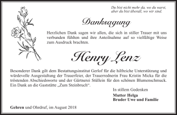 Traueranzeige von Henry Lenz von Südthüringer Presse