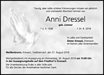 Traueranzeige von Anni Dressel von Neue Presse Coburg