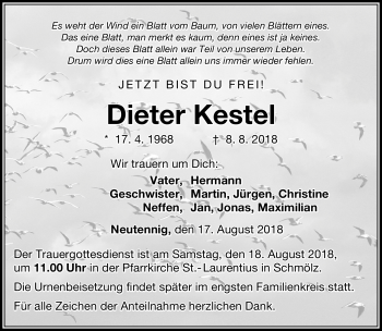 Traueranzeige von Dieter Kestel von Neue Presse Coburg