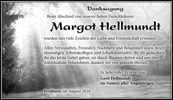 Traueranzeige von Margot Hellmundt von Südthüringer Presse