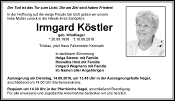 Traueranzeige von Irmgard Köstler von Frankenpost