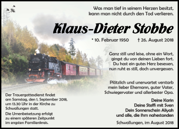 Traueranzeige von Klaus-Dieter Stobbe von Südthüringer Presse