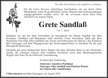Traueranzeige von Grete Sandlaß von Südthüringer Presse