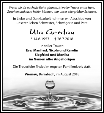 Traueranzeige von Uta Gerdau von Südthüringer Presse