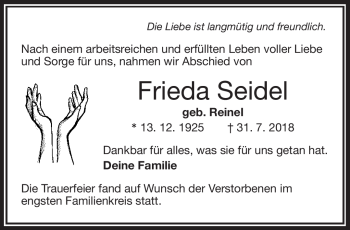 Traueranzeige von Frieda Seidel von Frankenpost
