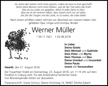 Traueranzeige von Werner Müller von Neue Presse Coburg