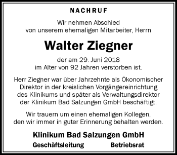 Traueranzeige von Walter Ziegner von Südthüringer Presse